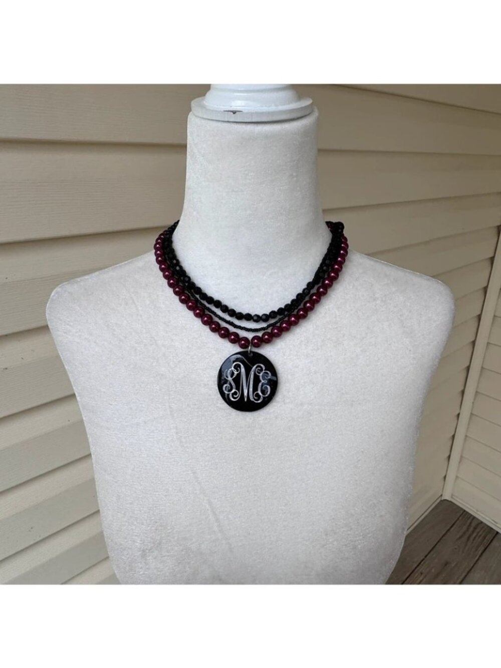 Multi-strand beaded monogrammed SME necklace Garnet Maroon Black Adjustable